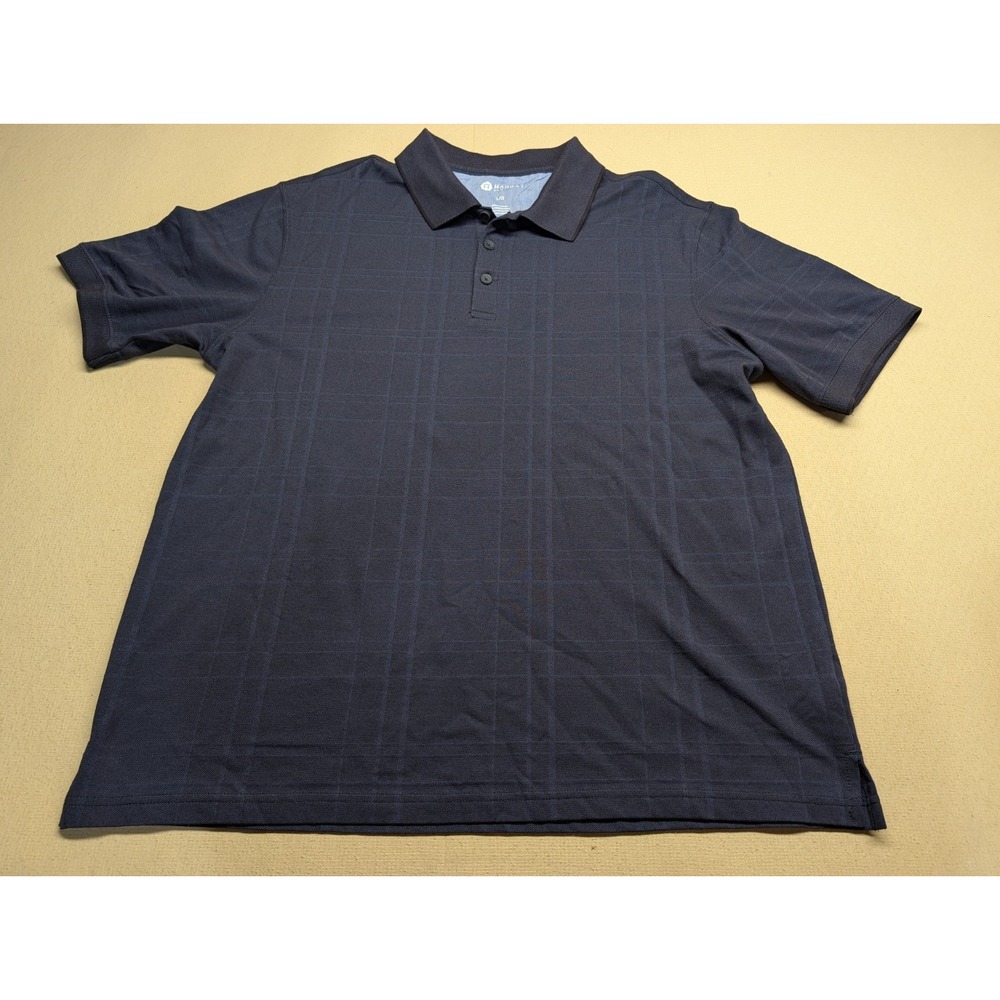 Haggar Men Polo Shirt Size L Navy Cotton Poly Blnd Collared Golf Striped Pattern